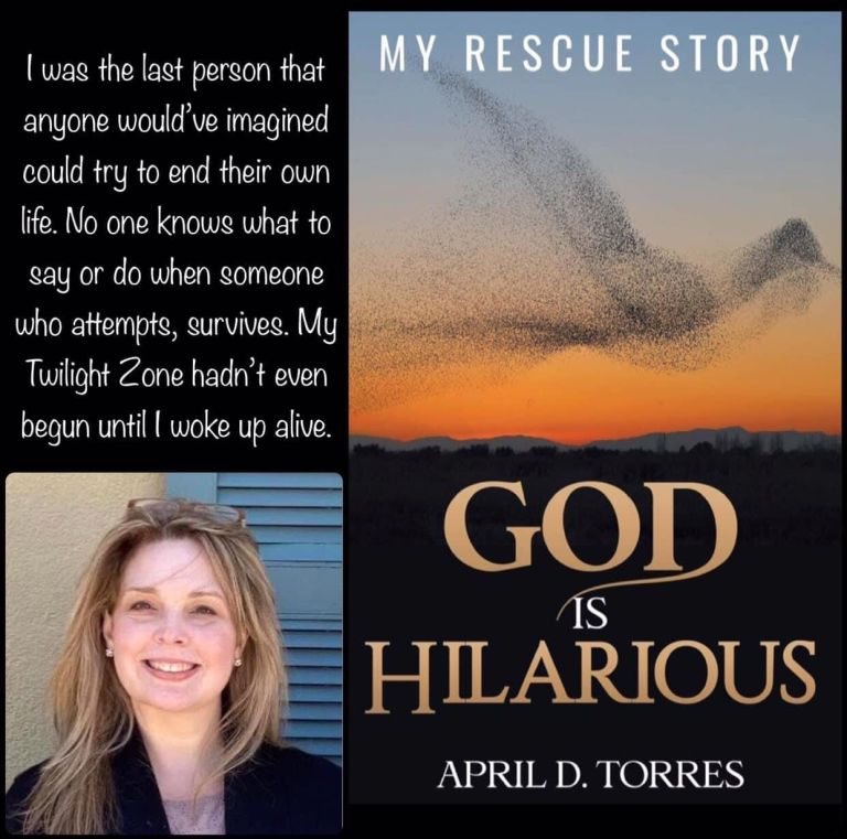 A book cover with birds in the sky forming a huge bird and text: God is hilarious, my rescue story. Additionally there is a photo of a woman with long blonde
hair and text: I was the last person that anyone would have imagined could try to end their own life. No on knows what to say or do when someone who attempts, survives. My Twilight Zone hadn't even begun until I woke up alive.