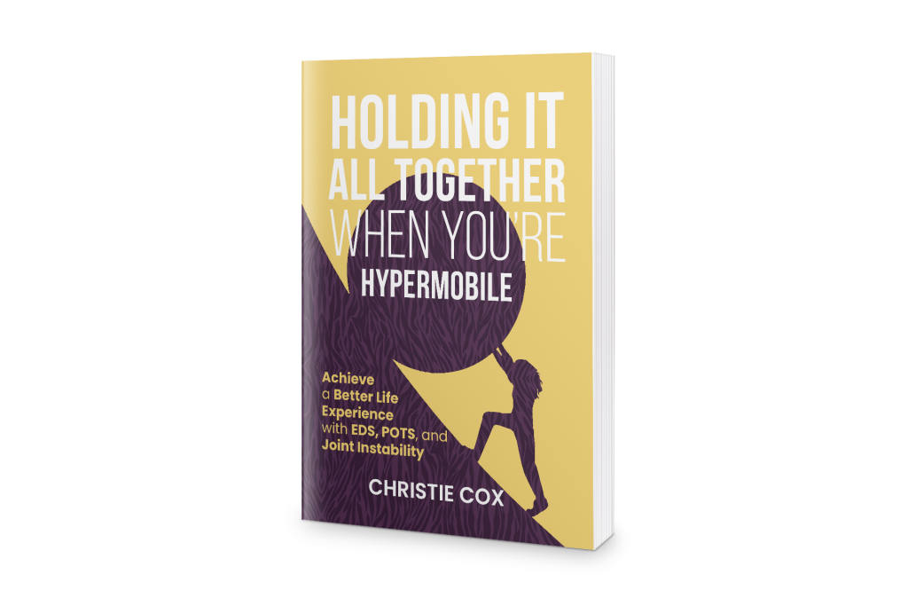 An illustration of a person on a steep hill pushing up a huge stone. Text: Holding It All Together When You Are Hypermobile, Christie Cox. 