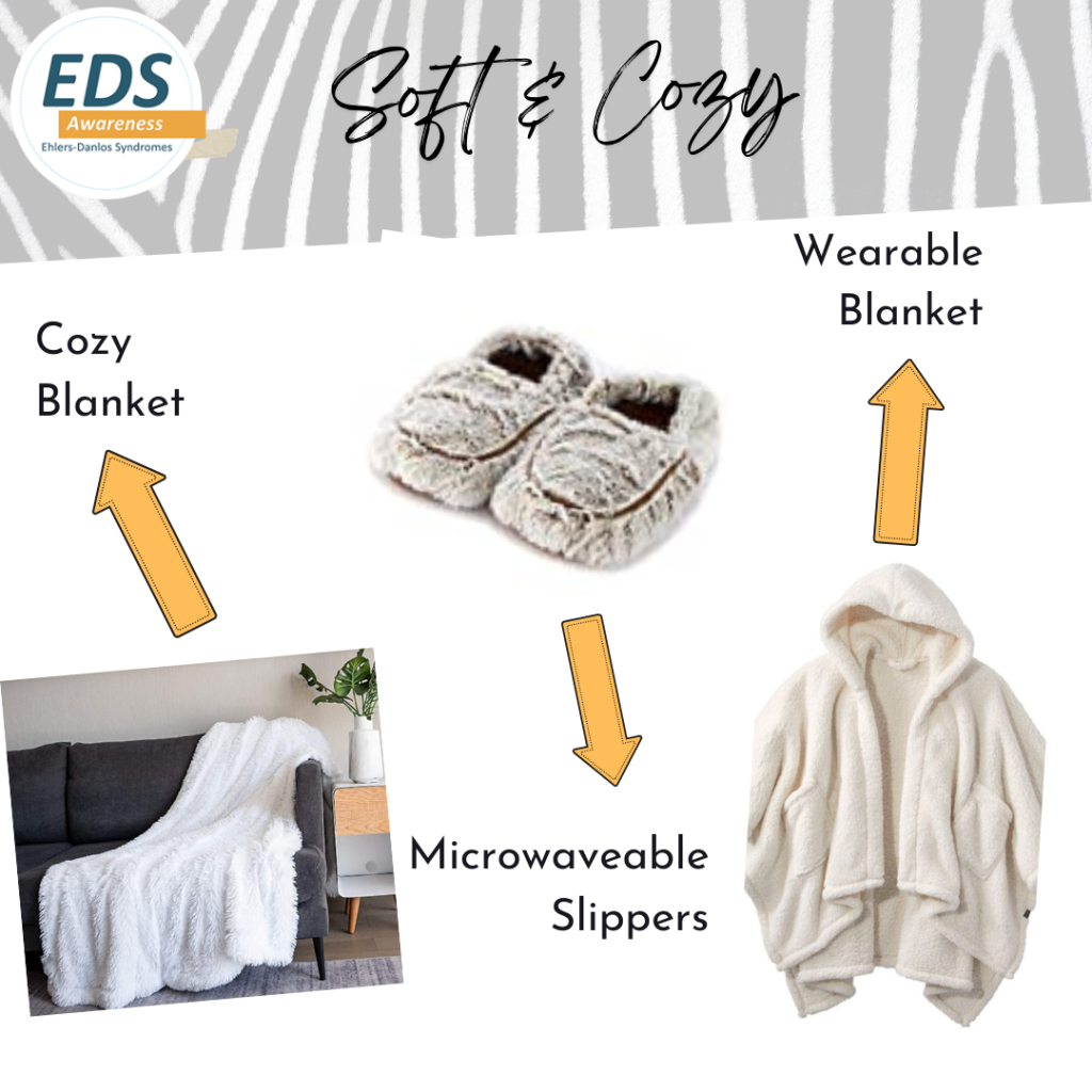 A collage with several images on white background with a zebra-striped top. Soft & Cozy: Cozy Blanket, Microwaveable Slippers and Wearable Blanket.