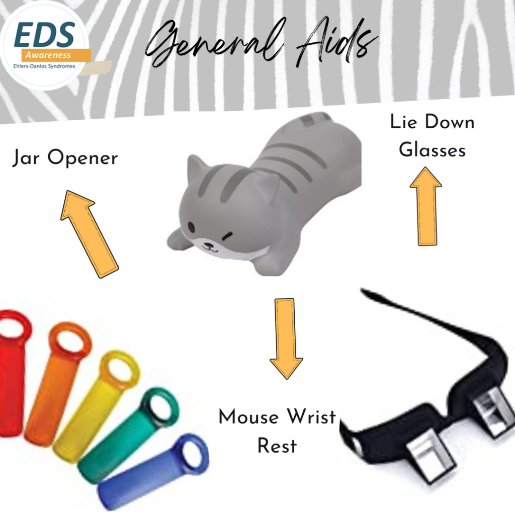 A collage with several images on white background with a zebra-striped top. General Aids: Lie Down Glasses, Mouse Wrist Rest, Jar Opener