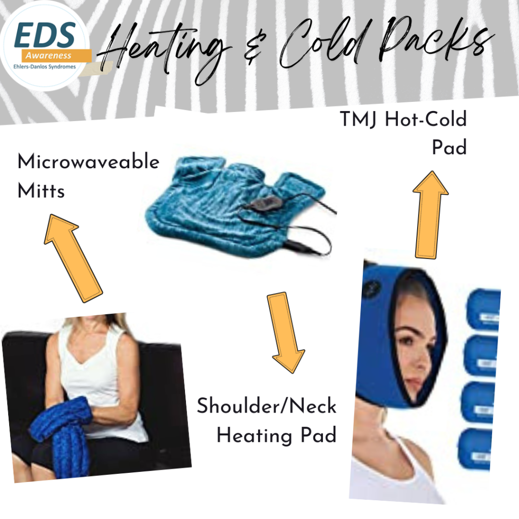 A collage with several images on white background with a zebra-striped top. Heating & Cold Packs: TMJ Hot-Cold Pad, Shoulder/Neck Heating Pad, Microwavable Mittens