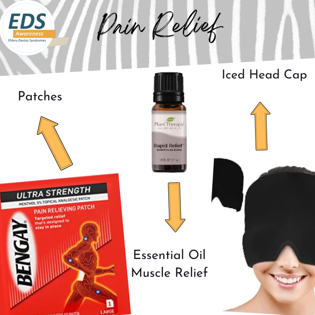 A collage with several images on white background with a zebra-striped top. Pain Relief: Iced Head Cap, Essential Oil Muscle Relief, Patches