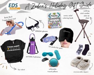 A collage with several images on white background with a zebra-striped top. A Zebra’s Holiday Gift Guide: Body Back Trigger Point tool, fav shirt, portable hydration, Prism glasses, comic relief coloring book, walking stick combo pop up chair, ice packs for pain, aloe socks, microwavable slippers, inflatable travel pillows.