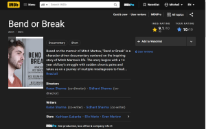 A screenshot of the IMDb site of the film Bend or Break