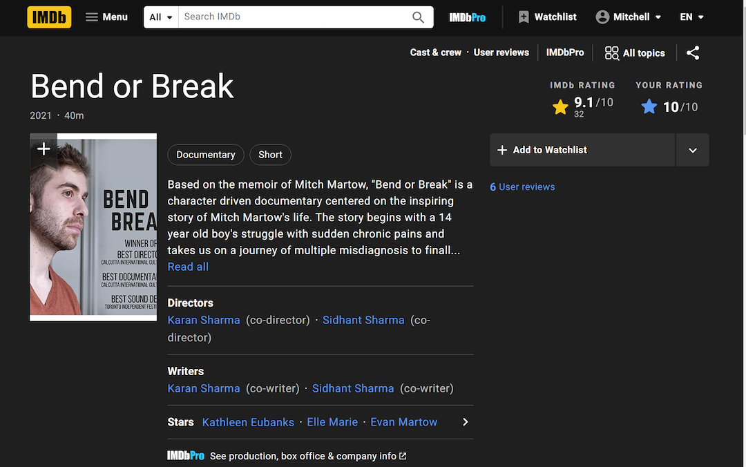 A screenshot of the IMDb site of the film Bend or Break