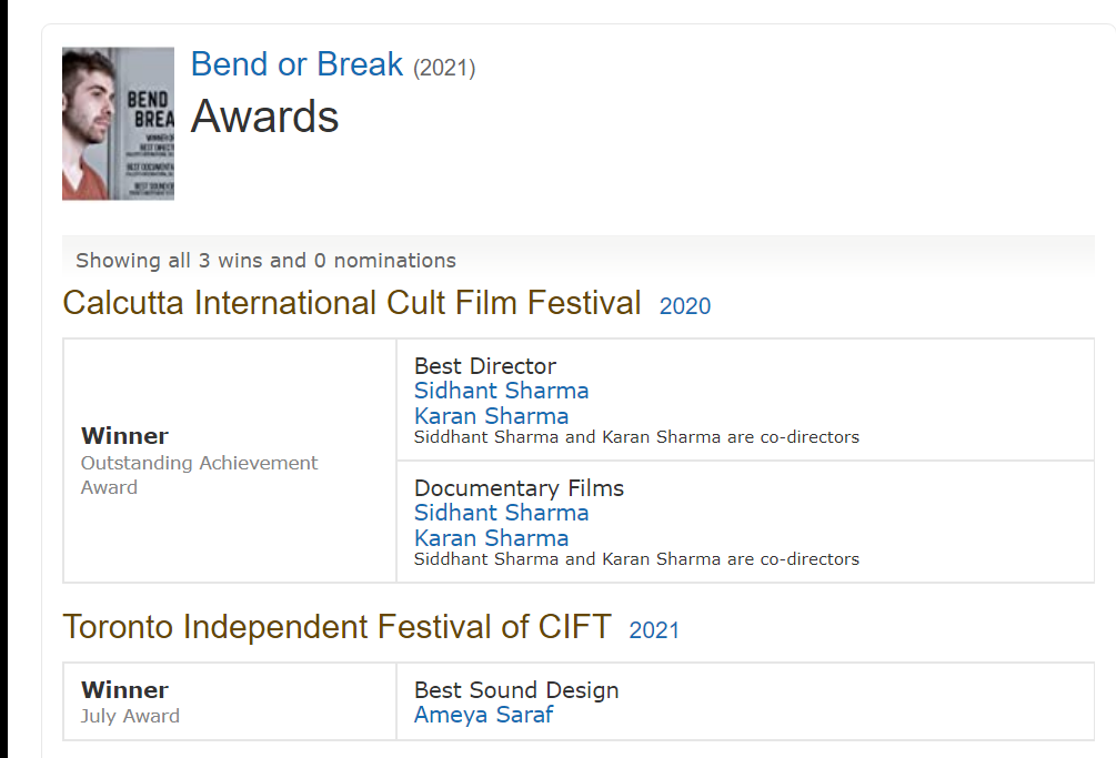 A screenshot of the IMDb site of Bend or Break showing all the awards it won.