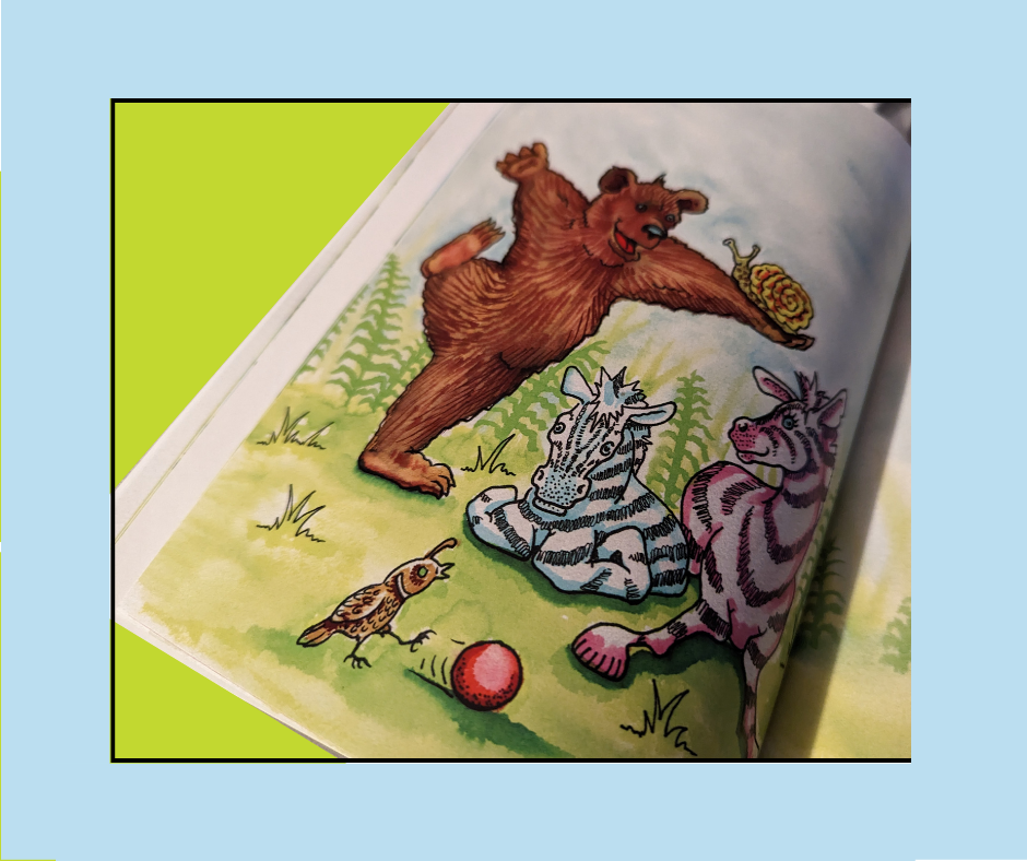 An illustration showing a bear, a snail, a bird and two differently colored zebras.