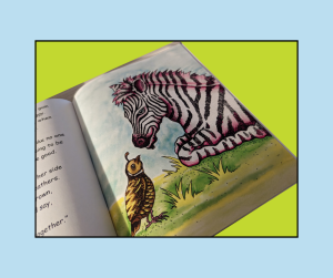A zebra talking to a bird.