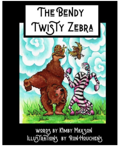 Book Cover showing a bear and a zebra doing a handstand on green grass. Title: The Bendy Twisty Zebra