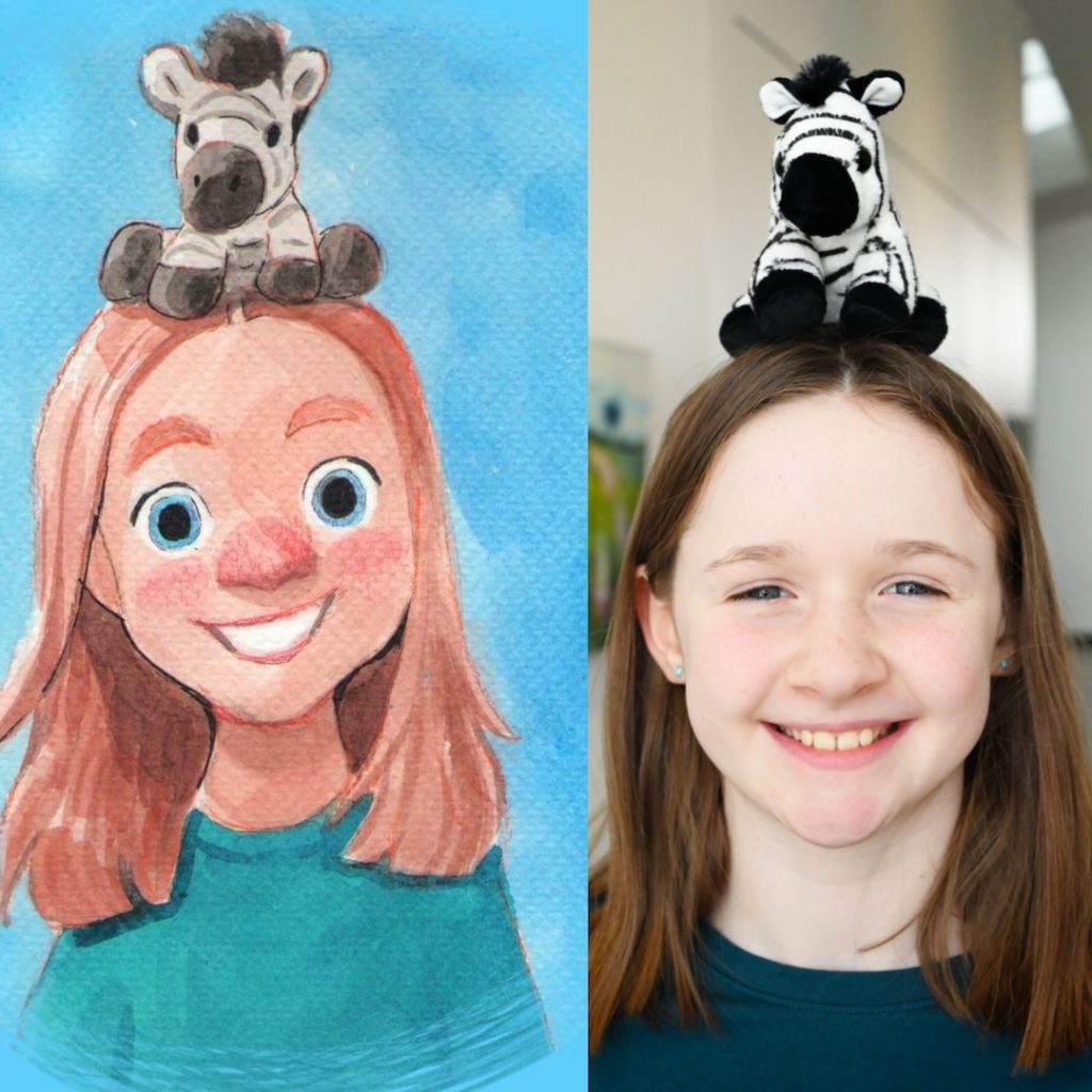 A young girl with a stuffed animal zebra on the right; an illustration of the girl on the right in watercolor style on the left.