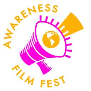 A microphone with the world and text Awareness Film Fest