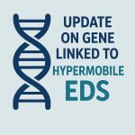 Digital graphic with a dark blue DNA helix and bold text reading ‘Update on gene linked to hypermobile EDS’ on a light blue background
