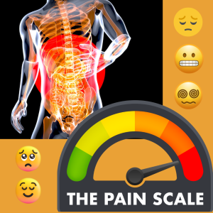 Human body illustration with x-ray view showing the skeleton and organs, focused on the lower back area highlighted in red, suggesting pain. Next to this, there is a vertical row of emoji faces showing a range of emotions from sad and tense to dizzy, as well as two faces (one sad, one content) in the bottom left. Along the bottom, there's a large pain scale gauge with green, yellow, orange, and red zones. The needle is pointing toward the red section, indicating severe pain. The text reads "THE PAIN SCALE."