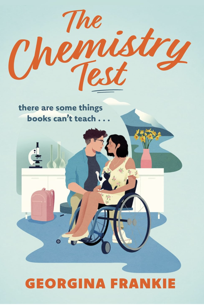 Book cover of The Chemistry Test, which shows a woman in a yellow dress who sits in a wheelchair with a cat on her lap. Next to her is a person with short brown hair sitting on a chair looking her in the eyes