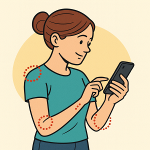 Illustration of a young woman looking at her smartphone. She has red dotted circles highlighting different joints as she is screening for joint hypermobility with the new Hypermobility Assessment Tool app.