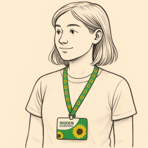 Illustration of a young woman with straight, shoulder-length hair, looking slightly to the side with a calm expression. She wears a plain T-shirt and a green lanyard around her neck decorated with yellow sunflowers. This lanyard is the Hidden Disabilities Sunflower lanyard used to signal her invisible disability, EDS.