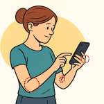 Illustration of a young woman looking at her smartphone. She has red dotted circles highlighting different joints as she is screening for joint hypermobility with the new Hypermobility Assessment Tool app.