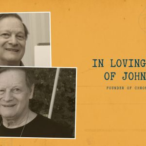 Two photos of John Ferman. John, a white man with short greyish hair wearing a black shirt with a zebra and text: Ehlers-Danlos syndrome EDS Awareness. Yellow background and text: in loving memory of John Ferman