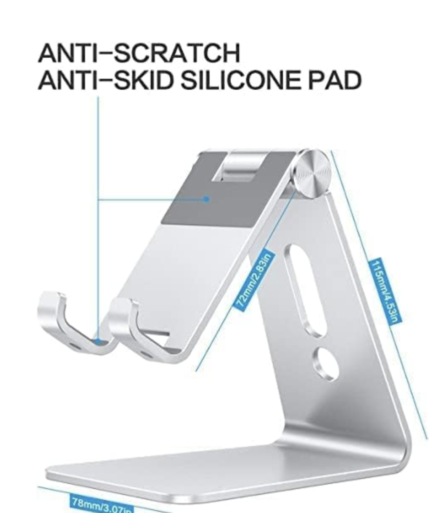 A silver phone stand with a base, a vertical piece, and an angled piece with curved fett to hold a cell phone.