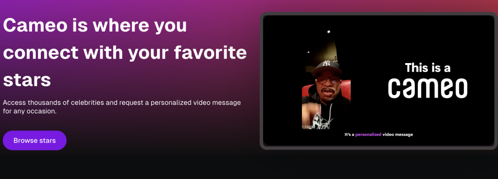 A screenshot of the Cameo website shows an example Cameo video from rapper Ice T.