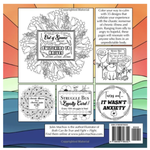 The back cover of Jules Machias's coloring book entitledOut of Spoons: A Coloring Book for Coping with Ehlers-Danlos, Fibromyalgia, and Other Chronic Illnesses and Insults. One image has flowers in a mandala shape with the words, "Chronic illness is a pain in the" and then there's the peach emoji. Another is a Struggle Bus Loyalty Card, while a third pictures a frog and a short poem about doing physical therapy.
