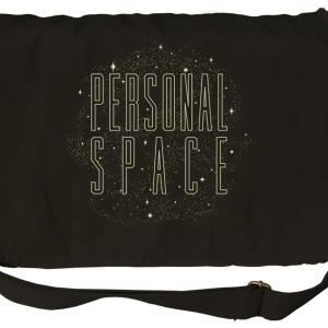A black messenger bag with a shoulder strap. The front says "Personal Space" with small dots that look like stars behind the text.