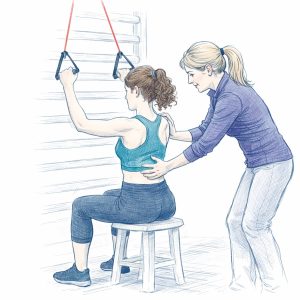Physical therapist guiding a patient through a Schroth scoliosis exercise using stall bars, with hands-on cues to support posture and active muscle engagement during seated spinal elongation.