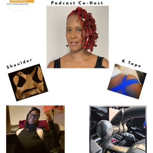 Collage featuring Cassandra, podcast co-host's, favorite supportive aids for EDS. There is a large photo of her in the center, a photo of her shoulder