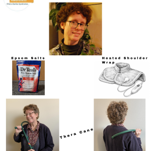 A collage featuring Jan, our social media coordinator's, favorite supportive aids for EDS. There is a large picture of her in the center. Her favorite items are also displayed: Epsom salts, a heated shoulder wrap, and Thera Cane.