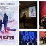 Collage featuring the documentary Complicated: the main film poster shows a silhouetted mother and child holding hands, alongside photos from screening events including a speaker presenting in a theater, attendees and families posing at screenings, and group photos from medical and advocacy conferences.
