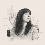 Minimalist pencil sketch of a woman with long dark hair and a calm, contemplative expression, facing slightly to the side. Subtle abstract shapes and a faint anatomical heart appear behind her. Soft handwritten text in the background reads, “Survival is not resilience. It is grit.”