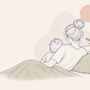 Illustration of a disabled single mother resting in bed while holding her child, viewed from behind, with soft neutral tones and minimalist design elements. Text reads: “Horizontal Parenting: 5 Strategies I Used After Surgery as a Disabled Single Mom.”