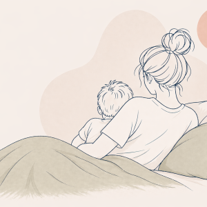 Illustration of a disabled single mother resting in bed while holding her child, viewed from behind, with soft neutral tones and minimalist design elements. Text reads: “Horizontal Parenting: 5 Strategies I Used After Surgery as a Disabled Single Mom.”
