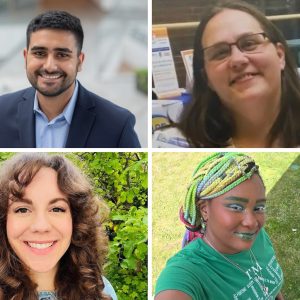 Collage with different portraits. Going clockwise: Professional headshot of Jeevan Mann smiling outdoors, wearing a navy blazer and light blue button-down shirt against a softly blurred background Headshot of Krista Brack smiling at the camera indoors, wearing glasses and a white top, with informational displays blurred in the backgroun Portrait of Jacqueline Teti wearing a blue jean dress with large brown curls, smiling against a green leafy background Portrait of Kaleena Deshawn outdoors wearing colorful braided hair and bold green makeup, smiling slightly while wearing a green Ehlers-Danlos Syndrome awareness T-shirt with awareness ribbon graphics and text about chronic illness experiences