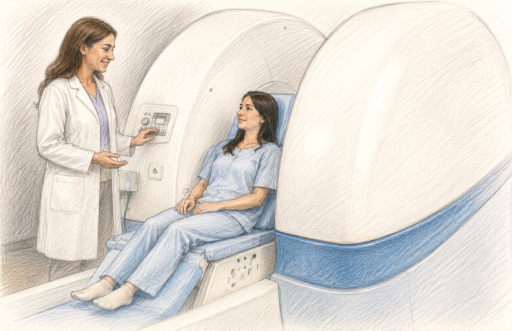 Soft sketch-style illustration of an upright MRI machine with a dark-haired patient seated inside wearing MRI-safe clothing. A female MRI technologist stands beside the machine, speaking with the patient and adjusting the controls. The image depicts a weight-bearing upright MRI in a calm clinical setting.