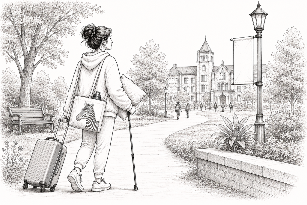 Illustration of a student with EDS using a cane as she heads to college, pulling a suitcase and carrying a zebra-themed tote bag. A campus building awaits in the distance, symbolizing independence, resilience, and pursuing higher education with a disability.