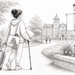 Illustration of a student with EDS using a cane as she heads to college, pulling a suitcase and carrying a zebra-themed tote bag. A campus building awaits in the distance, symbolizing independence, resilience, and pursuing higher education with a disability.