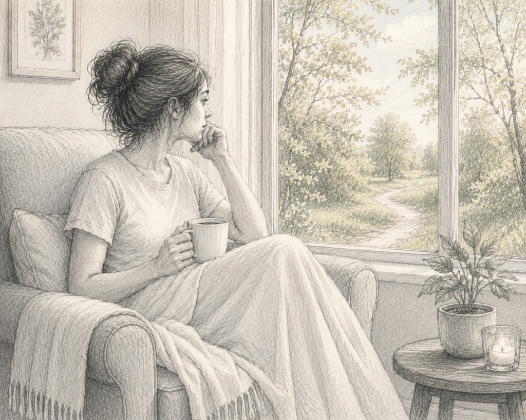 Pencil sketch of a woman in a T-shirt sitting in an armchair by a window, holding a mug and looking thoughtfully outside at a sunlit spring landscape. A lightweight throw blanket drapes across her lap, while a potted plant and candle sit on a small table nearby.