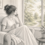 Pencil sketch of a woman in a T-shirt sitting in an armchair by a window, holding a mug and looking thoughtfully outside at a sunlit spring landscape. A lightweight throw blanket drapes across her lap, while a potted plant and candle sit on a small table nearby.