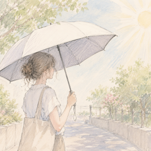 Soft pastel watercolor-style illustration of a woman walking along a sunny path while holding a light-colored sun umbrella for shade. Trees and flowering shrubs line the walkway, and the umbrella casts a cool patch of shade beneath a bright summer sun, illustrating a simple strategy for managing heat exposure outdoors.