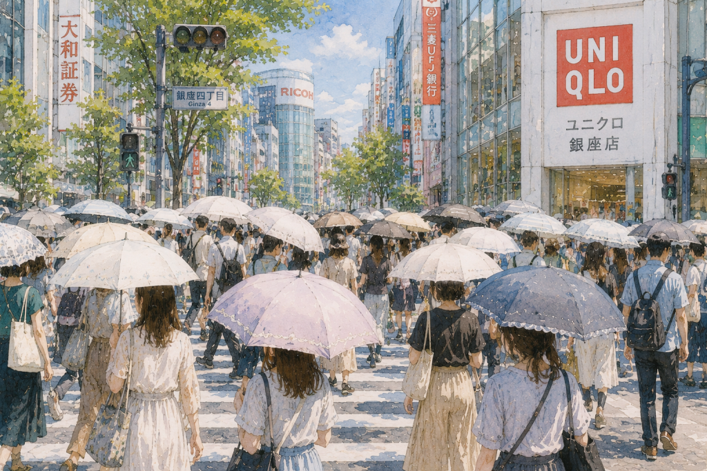 Illustration of a busy city crosswalk in Japan on a sunny summer day, with dozens of pedestrians carrying UV sun umbrellas in soft pastel shades. Modern buildings, including a large Uniqlo storefront, line the street as people walk beneath clear blue skies, demonstrating the common use of parasols for shade and heat protection.