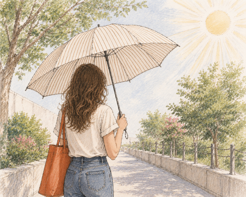 Illustrated watercolor-style scene of a woman viewed from behind walking along a sunny garden path while holding a cream-colored sun umbrella with thin brown pinstripes. She has long wavy brown hair, wears a light short-sleeved blouse and blue jeans, and carries an orange tote bag over her shoulder. Trees, flowering shrubs, and a bright sun create a warm summer atmosphere, while the umbrella provides shade from the heat.