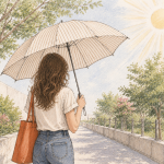 Illustrated watercolor-style scene of a woman viewed from behind walking along a sunny garden path while holding a cream-colored sun umbrella with thin brown pinstripes. She has long wavy brown hair, wears a light short-sleeved blouse and blue jeans, and carries an orange tote bag over her shoulder. Trees, flowering shrubs, and a bright sun create a warm summer atmosphere, while the umbrella provides shade from the heat.