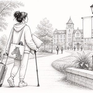 Illustration of a student with EDS using a cane as she heads to college, pulling a suitcase and carrying a zebra-themed tote bag. A campus building awaits in the distance, symbolizing independence, resilience, and pursuing higher education with a disability.