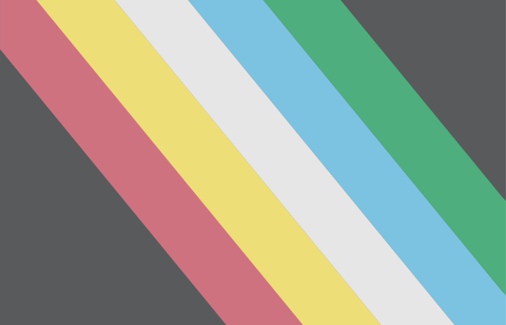 The Disability Pride flag featuring five broad diagonal stripes running from the upper left to the lower right across a dark charcoal-gray background. The stripes are red, gold, white, blue, and green, representing physical disabilities, neurodiversity, invisible disabilities, emotional and psychiatric disabilities, and sensory disabilities, respectively. The dark background symbolizes mourning for disabled people lost to violence, neglect, discrimination, and ableism, while also highlighting the vibrant colors of the disability community.