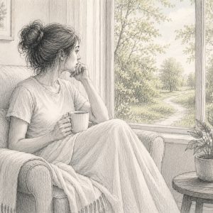 Pencil sketch of a woman in a T-shirt sitting in an armchair by a window, holding a mug and looking thoughtfully outside at a sunlit spring landscape. A lightweight throw blanket drapes across her lap, while a potted plant and candle sit on a small table nearby.