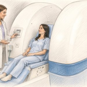 Soft sketch-style illustration of an upright MRI machine with a dark-haired patient seated inside wearing MRI-safe clothing. A female MRI technologist stands beside the machine, speaking with the patient and adjusting the controls. The image depicts a weight-bearing upright MRI in a calm clinical setting.