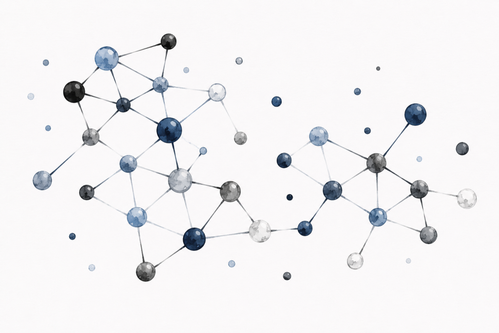 Abstract scientific illustration of interconnected protein-like molecular networks in shades of navy blue, light blue, gray, black, and white on a clean white background. Glossy circular nodes are connected by thin lines to form two minimalist network clusters, with small scattered dots suggesting additional molecules. The image is decorative and represents protein interaction networks and proteomics rather than specific biological structures.