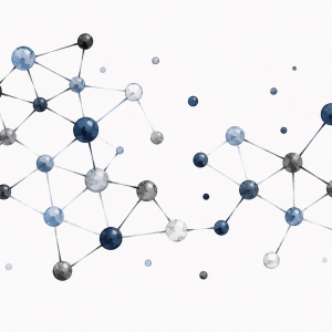 Abstract scientific illustration of interconnected protein-like molecular networks in shades of navy blue, light blue, gray, black, and white on a clean white background. Glossy circular nodes are connected by thin lines to form two minimalist network clusters, with small scattered dots suggesting additional molecules. The image is decorative and represents protein interaction networks and proteomics rather than specific biological structures.