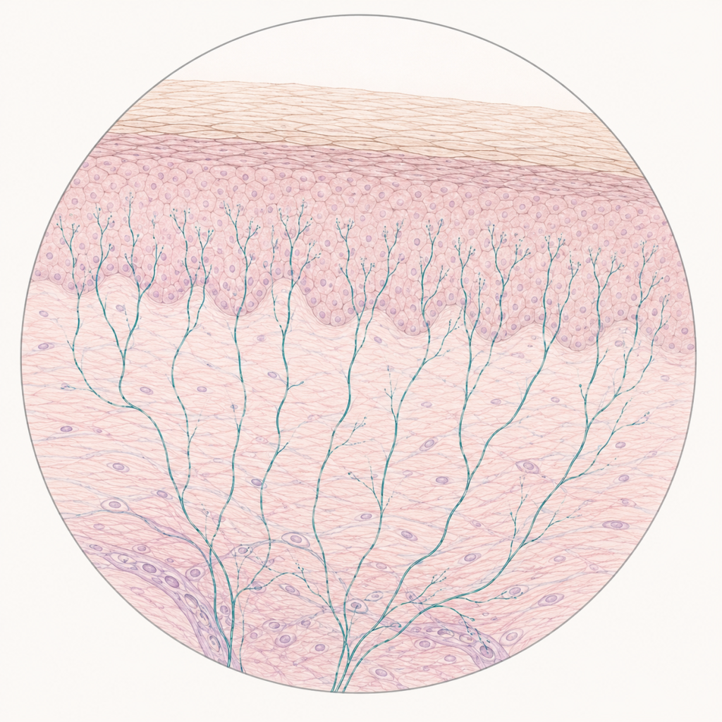 Illustration of a circular magnified cross-section of human skin showing fine teal intraepidermal nerve fibers extending from the dermis into the epidermis. The minimalist medical-style drawing depicts the microscopic nerve endings evaluated in skin punch biopsies for small fiber neuropathy (SFN), using soft pink, beige, and teal watercolor tones on a white background.
